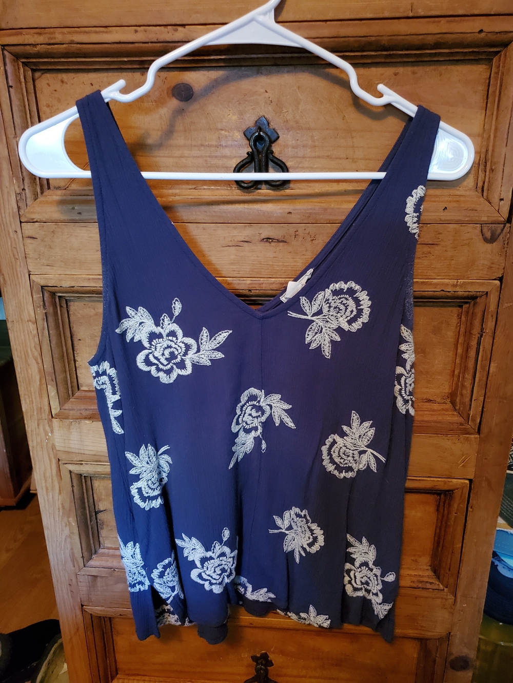 Melrose and Market Navy Tank Top with White Floral Embroidery